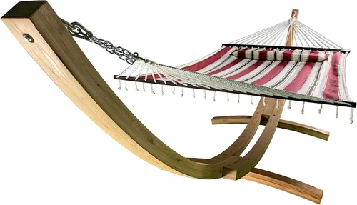 Vista 5 de Hamaca de arco de madera tratada con agua de 14 pies + cama hamaca acolchada de primera calidad, cama doble acolchada. Cama para 2 personas. Beige
