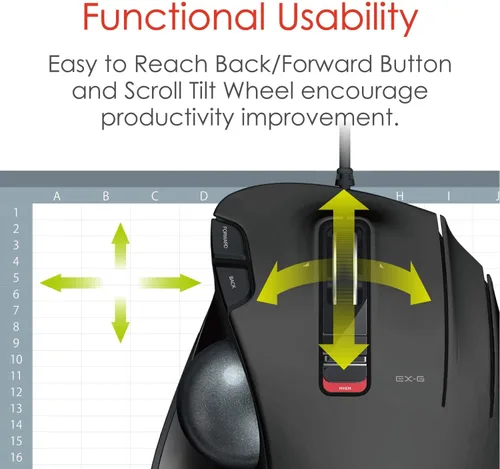 Vista 4 de ELECOM EX-G Ratón de Trackball con cable, ergonómico, control de pulgar, bola de rodillo de seguimiento suave, 6 botones programables, mouse