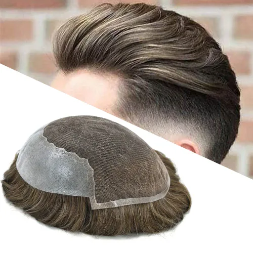 Vista 7 de Toupee de cabello humano indetectable para hombres, sistema de reemplazo de cabello natural para hombres, pieza de cabello gris para hombres