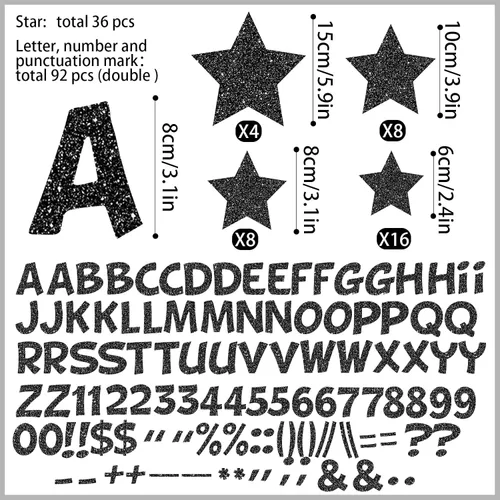 Vista 2 de Containlol Juego de 188 letras negras con purpurina y borde festoneado de 59 pies, póster del alfabeto, letras y estrellas, recorte de números
