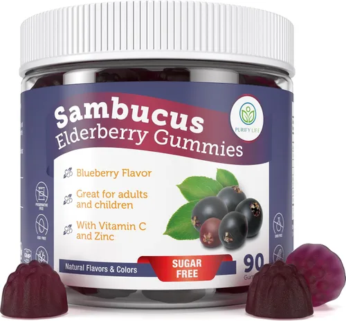 Vista 7 de Gomitas de saúco sin azúcar para niños con vitamina C y zinc, suplemento diario de apoyo inmunológico para niños, antioxidante Sambucus, vegano, 60