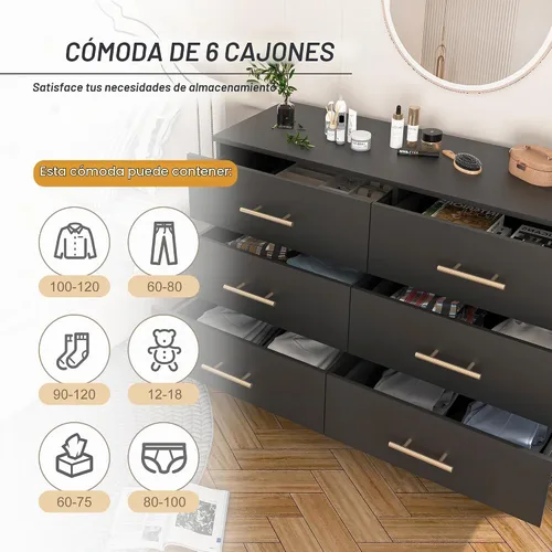 Vista 7 de Spaco Cómoda negra de 6 cajones con mango dorado, cómoda moderna de 6 cajones profundos para dormitorio, cómoda de almacenamiento para armario, sala