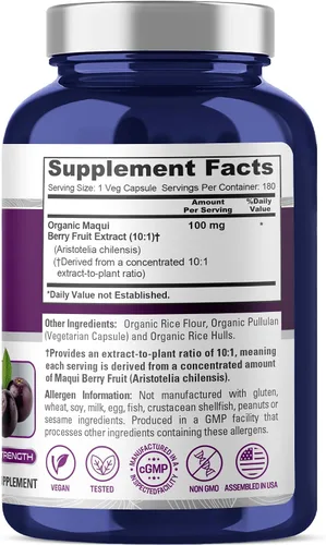 Vista 2 de NusaPure Cápsulas orgánicas de bayas de Maqui, 100 mg, 180 cápsulas vegetales (sin OMG, USDA, veganas)