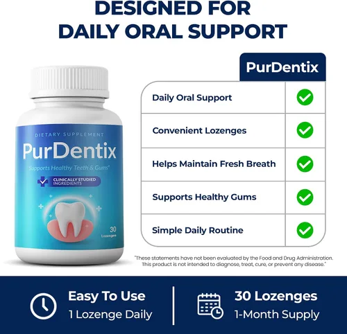 Vista 4 de PurDentix Probiótico para la salud oral, fórmula de 4 cepas para encías, dientes y aliento fresco saludables, 30 tabletas masticables