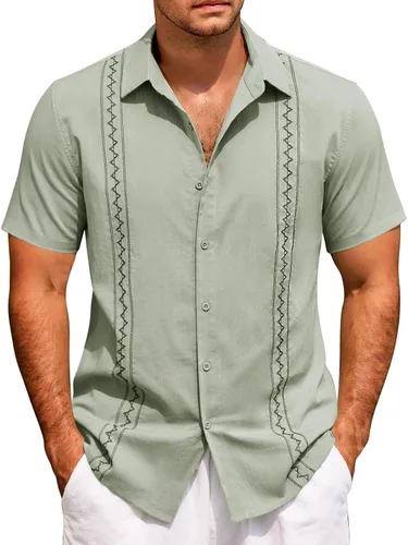 Vista 8 de Camisas de manga corta para hombre, estilo cubano, casual, con botones, para verano, para bolos, holgadas, hawaianas, para vacaciones en la playa