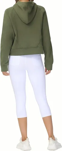 Vista 5 de Tmustobe Sudaderas con capucha de media cremallera para mujer, de manga larga, con forro polar, sin botones, con bolsillo