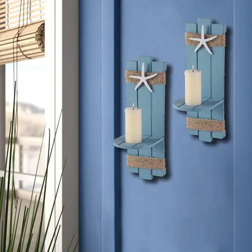 Vista 8 de SOMTO Apliques de Pared con Velas de Estrella de Mar de Playa, Portavelas de Pared con Temática Oceánica, Decoraciones Rústicas Náuticas Costeras