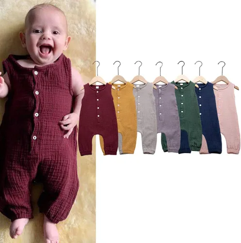 Vista 7 de Jumper de algodón y lino sin mangas con volantes para bebé. Ropa de verano.