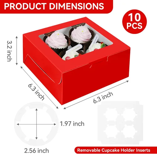 Vista 2 de Juego de 10 cajas para cupcakes a granel con ventana transparente para 4 cupcakes estándar, contenedor desechable de grado alimenticio rojo