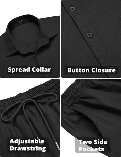 Vista 4 de COOFANDY Conjunto de 2 piezas de lino para hombre, camisa de manga larga con botones y pantalones sueltos, conjuntos de vacaciones en la playa