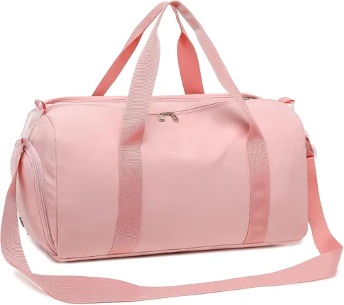 Vista 9 de Bolsa de viaje deportiva para gimnasio para hombres y mujeres con compartimento para zapatos, bolsillo húmedo, Rosa (Pure Pink), Bolsa de gimnasio