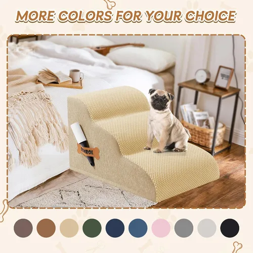 Vista 7 de Escaleras para perros Romrol, rampa para camas y sofás, escalones extra anchos para mascotas con cubierta duradera impermeable y antideslizante