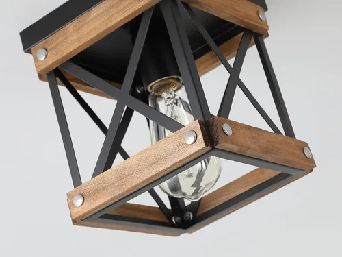 Vista 5 de Lámpara de techo rústica de madera de granja, jaula cuadrada de madera de roble y metal, pequeña lámpara de techo semiempotrada para cocina