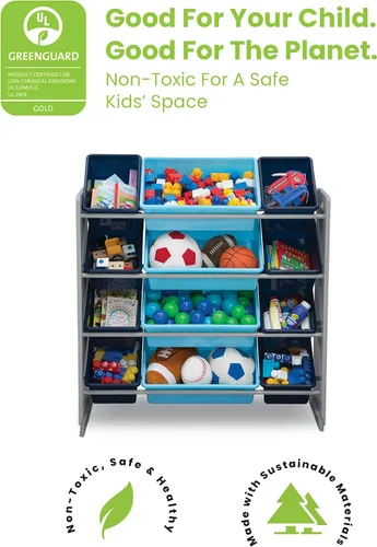 Vista 4 de Delta Children Organizador de almacenamiento de juguetes para niños con 12 contenedores de plástico, certificado Greenguard Gold, gris/azul