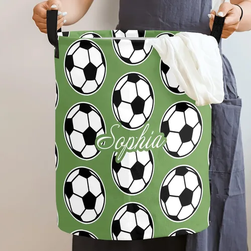 Vista 2 de Cesta de lavandería grande verde fútbol con nombre personalizado, bolsa de ropa plegable, cesta de tela plegable para regalo, 19.69 pulgadas