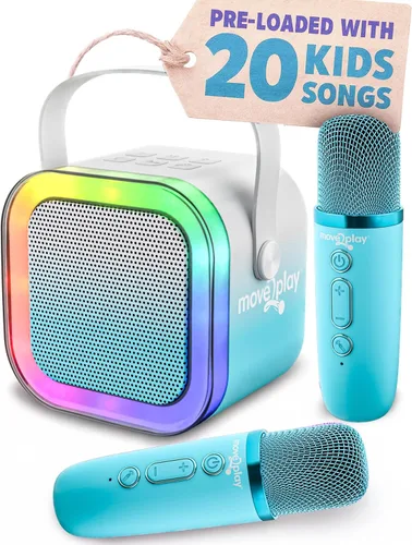 Vista 7 de Move2Play, Mini máquina de karaoke para niños Más de 20 canciones integradas Altavoz Bluetooth con micrófonos Efectos de voz Juguete musical