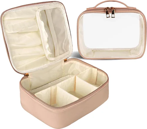 Vista 8 de Bolsa de maquillaje, 2 bolsas de cosméticos de piel sintética, estuche de maquillaje portátil de viaje, organizador de maquillaje grande con bolsa