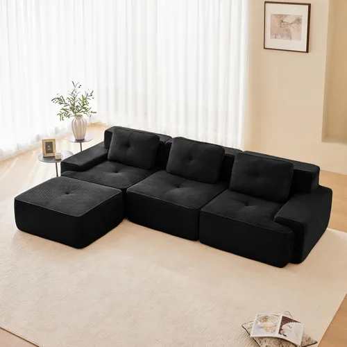 Vista 10 de Sofá moderno comprimido sin armazón de 116", sofás seccionales de 3 plazas para sala de estar, sofá seccional modular de pana verde nube, espuma