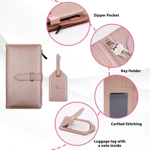 Vista 4 de Sbrinnaliao Cartera de viaje con bloqueo RFID multiuso para pasaporte, Rosado, Classic