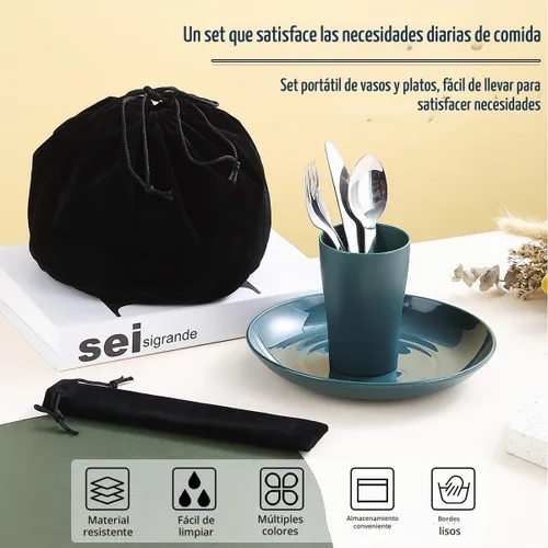 Vista 7 de Evanda Juego de cubiertos de camping, taza ligera reutilizable, plato y cubiertos de acero inoxidable con bolsa negra, apto para lavavajillas 1.1
