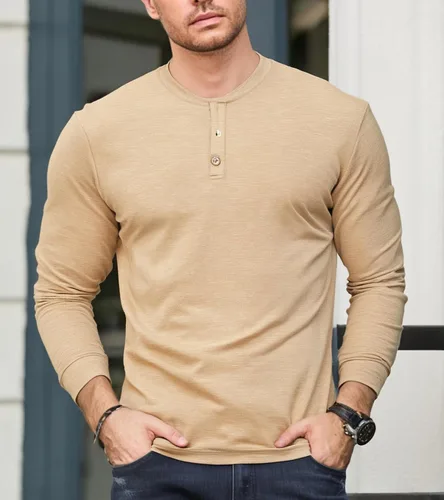 Vista 3 de M&F EVENMINE Camisas Henley de moda para hombre, casual, con botones, manga largacorta, ajustada, de algodón, con bolsillo