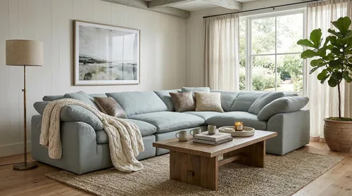 Vista 2 de Sunset Trading Cloud Puff - Sofá modular en forma de L de 4 piezas de 132 pulgadas de ancho Tela de rendimiento resistente a las manchas Azul