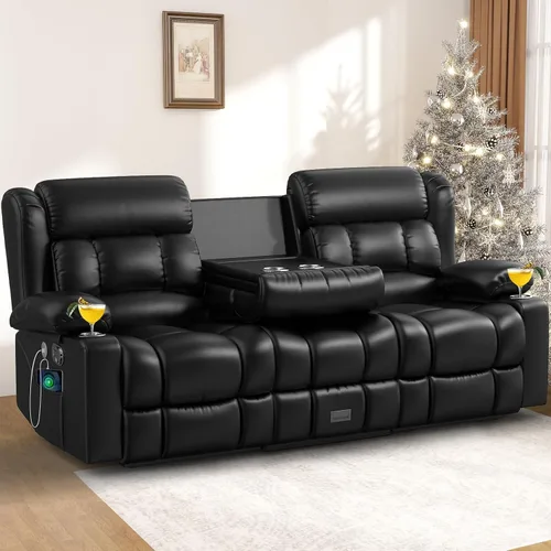 Vista 10 de Juego de sofá reclinable loveseat con 2+1 piezas, 2 plazas estilo minimalista reclinable manual con tirador, loveseat con puertos de carga USB