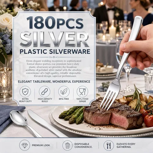 Vista 4 de WDF 180 cubiertos de plástico plateado – cubiertos de plástico plateado – cubiertos de plástico elegante resistente – 60 tenedores, 60 cuchillos, 60