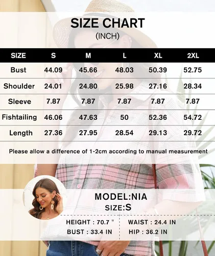 Vista 6 de Camisas de manga corta a cuadros para mujer, camisa con botones, blusa casual de verano