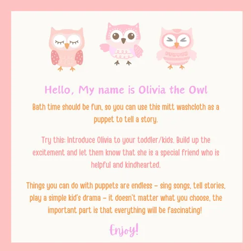 Vista 3 de Toalla de baño Olivia The Owl - Manopla de algodón con forma de animal - Guante de baño para niños - Guantes de toalla de baño - Lindo guante