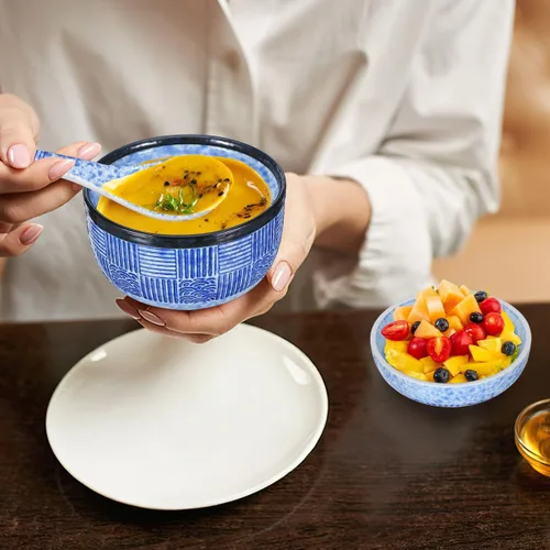 Vista 7 de Kichvoe Juego de cuencos de sopa de cerámica japonesa con tapa y cuchara, cuenco de miso/ramen de 4 pulgadas/8.45 onzas para fideos, arroz, cenas