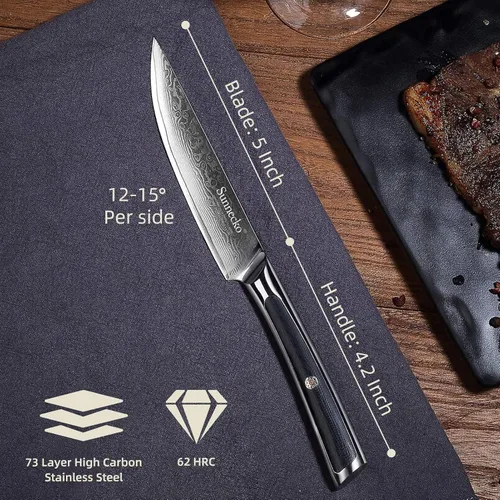 Vista 4 de Sunnecko Cuchillo para Carne de Cocina de 5 Pulgadas, Cuchillo para Carne de Damasco VG-10, Acero Japonés, Cuchillos de Carne No Dentados de Espiga