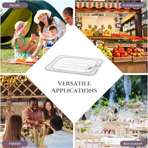 Vista 7 de 12 piezas de 1/6 tamaño tapa de sartén de alimentos de policarbonato con mango universal para comida de hotel comercial, catering, buffets