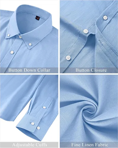 Vista 5 de J.VER Camisa de lino para hombre, casual, ligera, de manga larga, cuello con botones, color liso, para la playa, para el trabajo de vacaciones