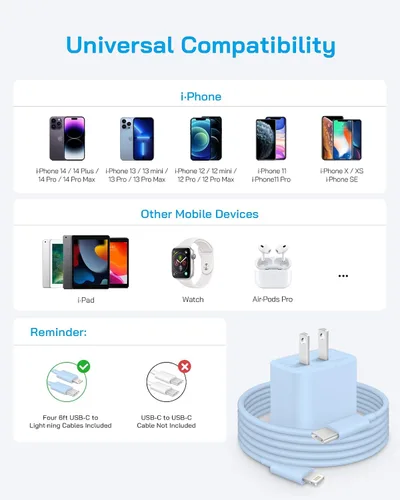 Vista 7 de AISNI Cargador para iPhone de carga rápida, paquete de 4 unidades de 20 W PD USB C con cable de carga rápida de 6 pies certificado MFi para iPhone