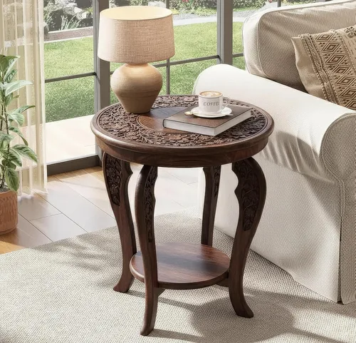 Vista 2 de Mesa auxiliar de madera de mango tallada a mano – Mesa auxiliar redonda de pedestal de 18 x 22 pulgadas para sala de estar, mesita de noche