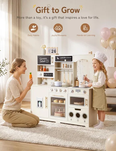 Vista 8 de besrey Juego de cocina para niños, juego de cocina de madera para niños con luces y sonidos reales, cocina de juguete para niños pequeños