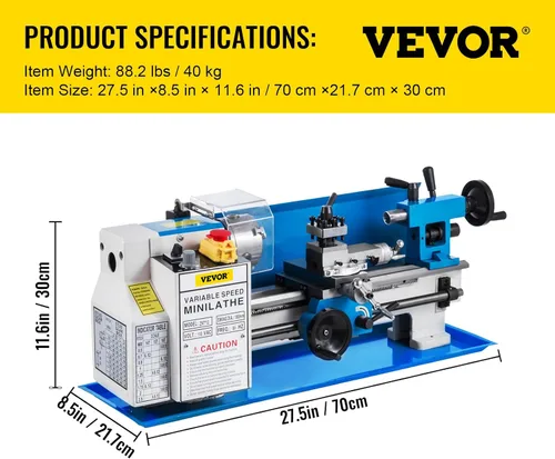 Vista 7 de VEVOR Torno de metal 7"x12", mini torno de mesa de precisión, 550W, velocidad variable de 50 a 2500 RPM, engranaje de nylon, lámpara móvil