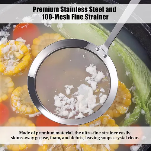 Vista 6 de Cuchara de acero inoxidable para espumadera de grasa de 4 pulgadas, colador de grasa multifuncional de malla fina con mango resistente al calor