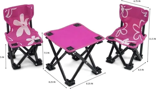Vista 5 de Emily Rose Muñeca de 18 pulgadas, juego de 3 piezas de camping plegable, sillas y mesa rosa para exteriores con estuche de almacenamiento