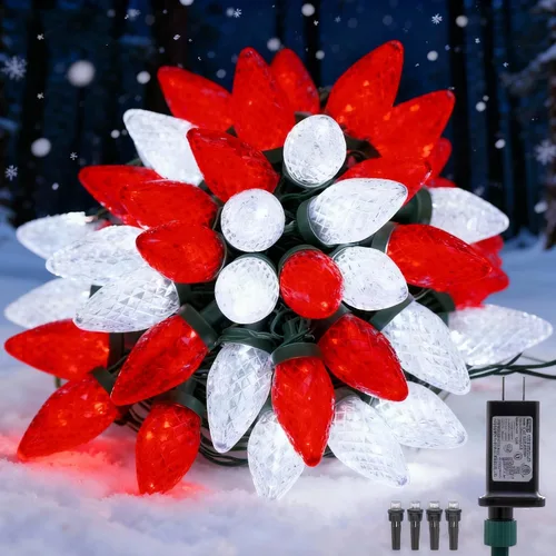 Vista 7 de Luces de Navidad C9 para exteriores, 33 pies, 50 luces LED, 8 modos de iluminación, impermeables, extensibles para interiores y exteriores, techo