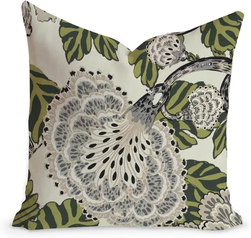 Vista 9 de ArogGeld Funda de cojín con flores verdes y blancas con flores grises y negras y hojas verdes en estilo chinoiserie, funda de almohada cuadrada