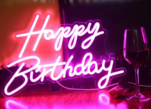 Vista 2 de Letrero LED de neón de feliz cumpleaños, luz nocturna, decoración de fiesta de cumpleaños, funciona con USB, color rosa, funciona con USB