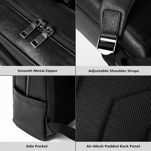 Vista 5 de Mochila para portátil de cuero genuino de 15.6 pulgadas para hombres y mujeres, mochila de viaje de negocios, mochila de senderismo (1#negro)