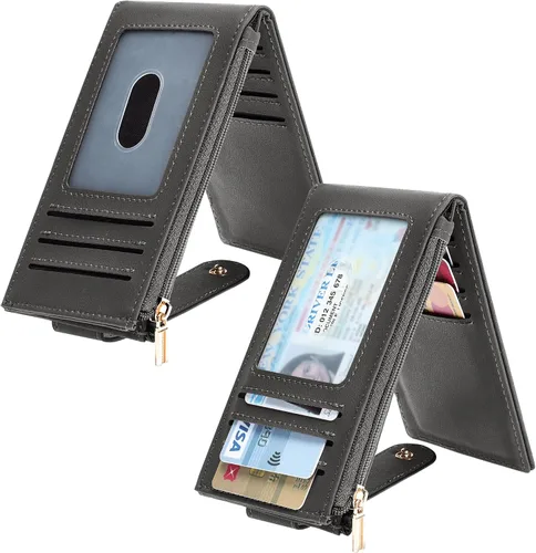 Vista 2 de Chelmon Billetera delgada para mujer, con bloqueo RFID, plegable, con bolsillo con cremallera, Gris oscuro con llavero, Minimalista