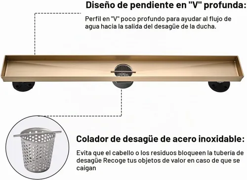 Vista 5 de AVSIILE Desagüe Lineal para Piso de Ducha, Oro Cepillado 12 Pulgadas Acero Inoxidable 304 Kit de Desagües de Baño, Desagüe de Zanja Rectangular