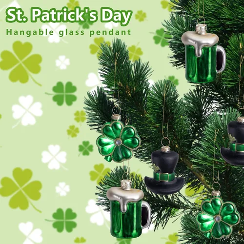 Vista 5 de 9 adornos de cristal para el día de San Patricio, Irlanda verde con sombrero de trébol de San Patricio, adornos colgantes de cerveza, adornos