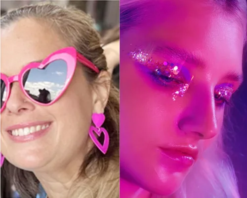 Vista 3 de Go Ho Gel de purpurina corporal rosa y 2 aretes de corazón para mujer, brillantes holográficos y lentejuelas gruesas con purpurina y aretes