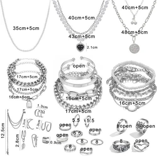 Vista 7 de IFKM 36 PCS Silver Plated Jewelry Set with 3 PCS Necklace 12 PCS Bracelet 7 PCS Ear Cuffs Earring 14 Pcs Knuckle Rings for Women Girls Valentine