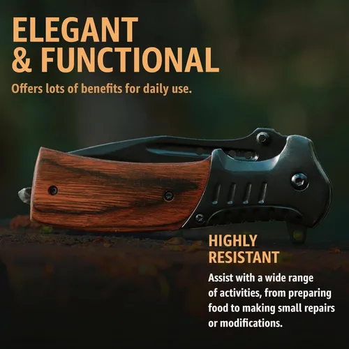 Vista 8 de Cuchillo de bolsillo para hombres con mango de madera, rompedor de vidrio y clip de bolsillo, hoja afilada de 3.66 pulgadas, cuchillos plegables